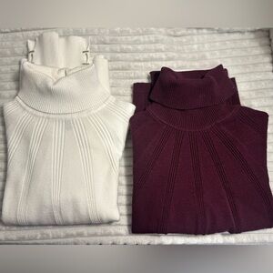 2White House Black Market Women's Ribbed Turtleneck Sweaters - White&Rich Purple